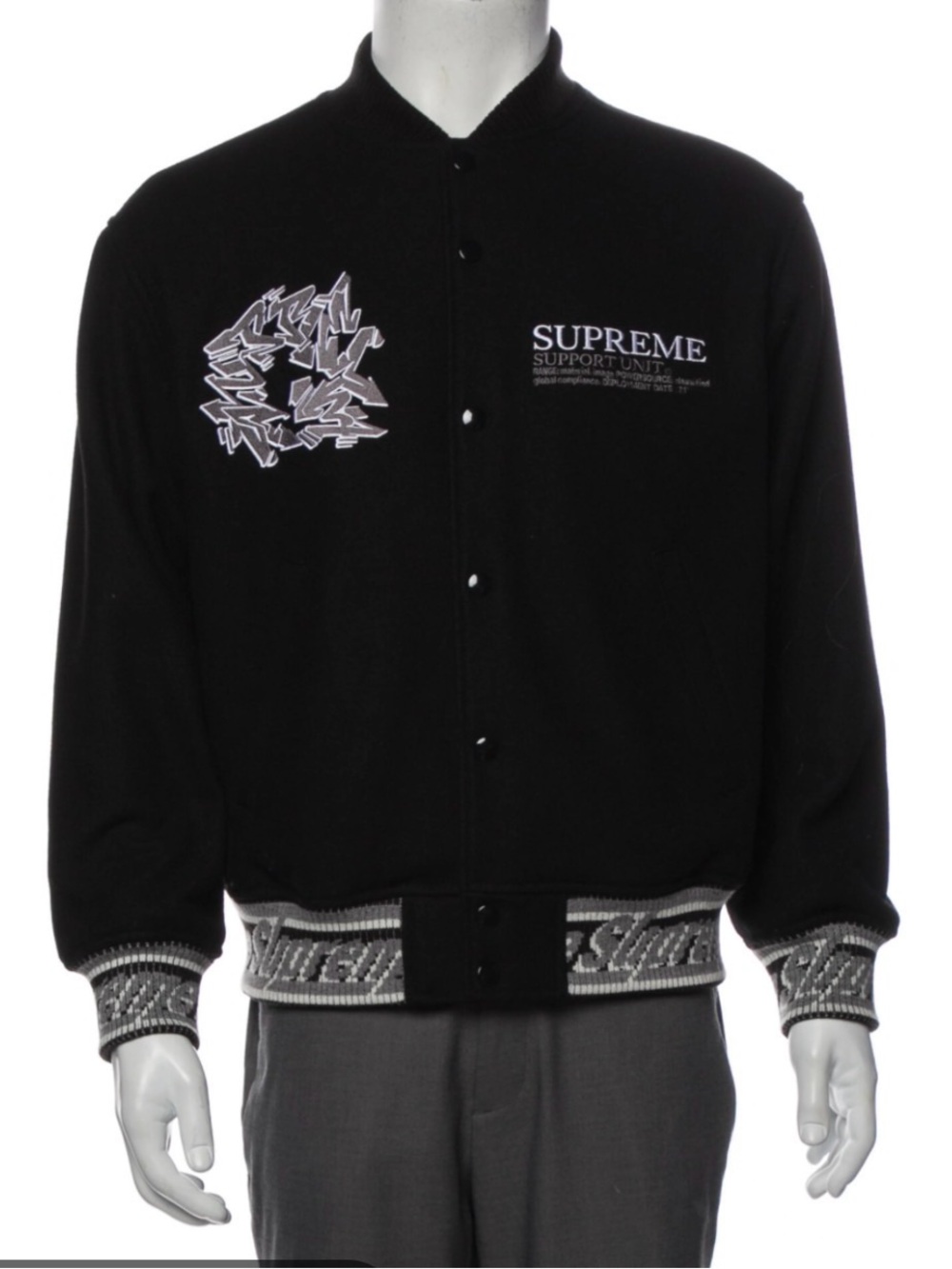 Supreme Black Varsity Jacket with White Embroidered Logo